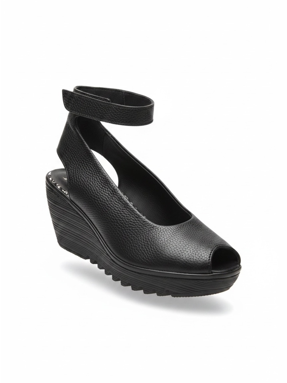 Bernie Mev. Mely Women's Black Peep-Toe Wedge Sandal with Ankle Strap 39/8.5
